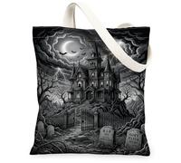 Haunted Mansion Canvas Tote Bag, Gothic Spooky Bats Gravestones Halloween Black Grocery Bags 13x15 Inch, Black, 13x15 Inch