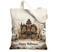Haunted Mansion Canvas Tote Bag, Halloween Spooky Bare Trees Full Moon Halloween Beige Small Tote Bag 13x15 Inch, Beige, 13x15 Inch