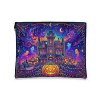 Haunted Mansion Canvas with Zipper, Fanciful Festive Ghost Jack-o'-lantern Halloween Violet Portable with Zipper Travel Makeup Bag for Travel, Bathroom, Vanity, Purse Storage and Gifts, Purple, 7x9