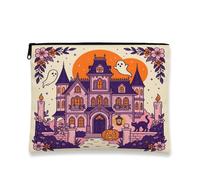 Haunted Mansion Canvas with Zipper, Fanciful Festive Ghost Pumpkins Halloween Violet Canvas with Zipper Travel Makeup Bag for Travel, Bathroom, Vanity, Purse Storage and Gifts, Purple, 7x9 Inch