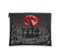 Haunted Mansion Canvas with Zipper, Gothic Spooky Blood Moon Bats Halloween Red Portable with Zipper Makeup Bags for Women for Travel, Bathroom, Vanity Organizer and Purse Storage, Red, 7x9 Inch