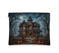 Haunted Mansion Canvas with Zipper, Gothic Spooky Jack-o'-lanterns Gnarled Trees Halloween Black Portable with Zipper Toiletry Travel Bag for Travel, Vanity, Bathroom Storage and Purse Organ, Black