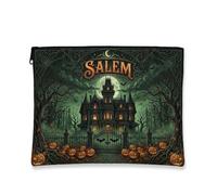 Haunted Mansion Canvas with Zipper, Gothic Spooky Pumpkins Bats Halloween Black Canvas with Zipper Makeup Bags for Women for Travel, Bathroom, Vanity, Purse Storage and Gifts, Black, 7x9 Inch, Gothic