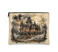 Haunted Mansion Canvas with Zipper, Gothic Spooky Trees Moon Halloween Black Portable with Zipper Travel Makeup Bag for Travel, Purse, Bathroom, Vanity and Daily Storage, Black, 7x9 Inch, Gothic