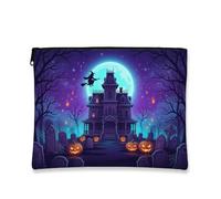 Haunted Mansion Canvas with Zipper, Gothic Spooky Witch Pumpkins Halloween Violet Portable with Zipper Small Toiletry Bag for Travel, Vanity, Bathroom, Purse Storage and Daily Use, Purple, 7x9 Inch