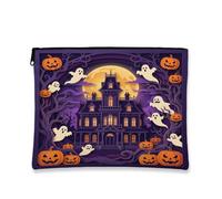Haunted Mansion Canvas with Zipper, Spooky Fanciful Ghosts Pumpkins Halloween Violet Portable with Zipper Cosmetic Pouch for Travel, Purse, Bathroom, Vanity and Daily Storage, Purple, 7x9 Inch, Spooky
