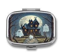 Haunted Mansion Pill Case 2 Compartments Travel Pill Organizer for Pocket Small Pill Box Portable Pill Container Metal Medication Holder to Hold Vitamin Fish Oil Supplement