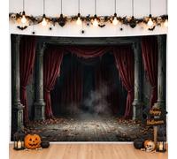 Haunted Mansion Theater Curtains Halloween Backdrop Banner 83x59 Inch | Gothic Architecture, Photography Backdrop, Tattered Fabric, Haunted Stage Design, Autumn Leaves, Spooky Atmosphere