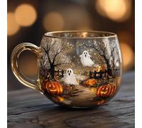 Haunted Path Glass Coffee Mugs, Painted Halloween and Pumpkins Ceramic Mug, Cute Spooky Ghosts Cup for Restaurant Apartment Farmhouse Kitchen Hotel Home