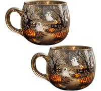 Haunted Path Halloween Mug, Cute Ghost Clear Glass,Painted Halloween and Pumpkins Ceramic Mug for Gifts, Fall Decor, Microwave Safe, A Perfect Choice for Drinks (2)