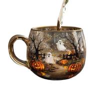 Haunted Path Halloween Mug Painted Glass Coffee Mug with Spooky Cat Pumpkin Ghost Pattern, Halloween Coffee Cup for Home, Adult, Child, Travel, Milk, Hot Water