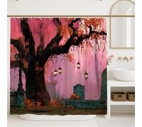 Haunted Tree Shower Curtain, Peach Autumn Leaves Halloween Decor, Spooky Modern Fabric Bathroom Set with Hooks, Fall Seasonal Ghostly 72x72 Inch