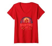 Haunting It: Spooky Halloween Night Mansion Scene V-Neck T-Shirt, Women, Red, XXL