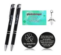 Hauojaus Pack of 2 Lucky Pen with Engraving, Lucky Charm Exam with Pendant, 14 cm / 5.51 Inch Du Schaffst Das Mutmacher Gift, for Graduation Exam Friend Colleague Farewell (Black)