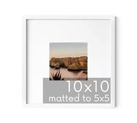 HAUS AND HUES 10x10 White Metal Picture Frame Matted to 5x5 - Features Vertical & Horizontal Hanging, Shatterproof Plexiglass - Ideal for Home, Room, Office (10x10 in, White, Set of 1)