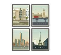 HAUS AND HUES City Wall Art Vintage Travel Posters - Set of 4 Travel Wall Art Posters of London, New York Print, Paris Wall Poster and Amsterdam City Wall Decor (Unframed 11x14)