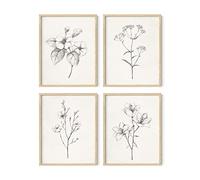 HAUS AND HUES Grey Floral Wall Art - Set of 4 Plant Posters for Wall Vintage, Botanical Prints, Black and White Flower Pictures for Room Aesthetic, Farmhouse Bathroom, Rustic Art (Beige Frame, 11x14)