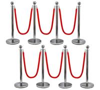 Hausen Silver Crowd Control Barrier Set 8 Pack with 6 Red Ropes - Queue Management Posts & Rope System - Water or Sand Fillable Base - 9m Total Length for Hotels, Weddings & Events