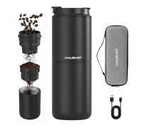 HAUSHOF 4-in-1 Portable Coffee Maker 400 ML with Electric Coffee Grinder, Built-in Thermal Water Tank, Manual Pour Over, USB-C Rechargeable Travel Coffee Maker for Car, Camping, Office
