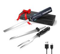 HAUSHOF Cordless Electric Carving Knife Set - 8V Rechargeable with 2 Stainless Steel Blades & Fork - Essential for Thanksgiving Turkey, Sunday Roast, Ham & Bread - Grey