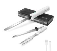 HAUSHOF Cordless Electric Carving Knife Set - 8V Rechargeable with 2 Stainless Steel Blades & Fork - Essential for Thanksgiving Turkey, Sunday Roast, Ham & Bread - White