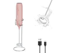 HAUSHOF Powerful Rechargeable Milk Frother with Stand, Handheld Electric Coffee Whisk for Rich Foam, Coffee Mixer with Stainless Steel Whisk for Latte, Cappuccino, Matcha, Pink