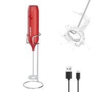 HAUSHOF Powerful Rechargeable Milk Frother with Stand, Handheld Electric Coffee Whisk for Rich Foam, Coffee Mixer with Stainless Steel Whisk for Coffee Latte, Cappuccino, Matcha, Red