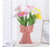 Hausio Ceramic Bow Vase, 15.5 cm Flower Vase, Desk Decoration, Ceramic Body Vase, Bow Shape, Ideal Shelf, Neutral Boho Nordic Minimalism Style, Flower Vases for Pampas Grass, Living Room (Pink)
