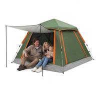 HAUSPROFI Pop Up Tent Automatic, 3-4 Man Camping Tent Waterproof Glow-in-the-Dark Pegs, Bug Netting & Convertible Door for Shade/Rain Protection, Green