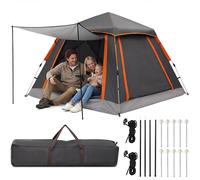 HAUSPROFI Pop Up Tent Automatic, 3-4 Man Camping Tent Waterproof Glow-in-the-Dark Pegs, Bug Netting & Convertible Door for Shade/Rain Protection (Grey)