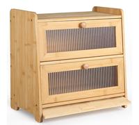 HAUSPROFI Two-Layer Bread Bin, Double Bamboo Bread Box, Large Capacity Bread Storage Bin with Stiped Window Door Pancel, Handle and a Cutting Board, Breads Storage Box for Kitchen Countertop, Natural