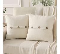 HAUSSY Cream White Linen Decorative Throw Pillow Covers 24x24 Inch Set of 2, Square Euro Cushion Case with 3 Vintage Buttons/Hidden Zipper,Modern Farmhouse Home Decor for Couch,Bed