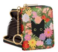 Hautebella Credit Card Holder Women Cute Small Ladies Teen Girls Female RFID Leather Cardholder Wallets with Keychain Accordion Organizer Purse Flowers Cat Kawaii Girly Aesthetic Print Unique Zipper
