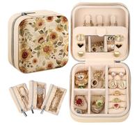 Hautebella Travel Jewelry Case - Small Jewelry Organizers and Storage Box for Women Girls Girly Teens Cute Traveling Jewelry Holder with Mirror Little Tiny Compact Portable Fashion,Sunflower Flower