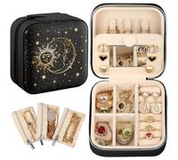 Hautebella Travel Jewelry Case - Small Jewelry Organizers and Storage Box for Women Girls Girly Teens Cute Traveling Jewelry Holder with Mirror Little Tiny Compact Portable Fashion Pretty,Sun Moon
