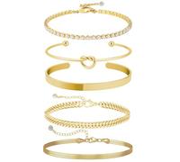 hautllaif 5Pcs Gold Bracelet for Women, 14K Gold Plated Adjustable Stacking Bracelets Set with Rope Cuban Figaro Herringbone Bead Chain CZ Link Design, Ideal Gold Jewellery Gift Bangles for Womens