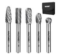 HAUTMEC 5Pcs Tungsten Carbide Rotary Burr Set with 1/4" Shank, 8MM Double Cut Rotary File with Storage Bag, Expert Die Grinder Bits for Metal Carving, Grinding, Engraving & Deburring - HT0455