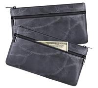 HAUTOCO 2 Pack Money Bag with Zipper PU Leather Textured Money Pouch 280mm x 155mm Cash Bags for Banking Dual Pockets Cash Envelopes Wallet for Passport Coin Bills Cosmetics, Black