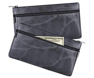 HAUTOCO 2 Pack Money Bag with Zipper PU Leather Textured Money Pouch 280mm x 155mm Cash Bags for Banking Dual Pockets Cash Envelopes Wallet for Passport Coin Bills Cosmetics, Black