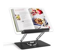 HAUTOCO Adjustable Acrylic Book Stand for Reading, 360° Rotating Base, Foldable Book Holder with Elastic Page Clips, Hands-Free Cookbook Stand for Laptop, Tablet, Recipe, Textbook, Music Score, Black