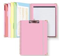 HAUTOCO Clipboard Folder with Replaceable Lined Notepad, Spiral Clipboard Folio A4 with 5 Folder Dividers Document Storage Pockets, Padfolio Organiser Folio Clip Board for Office School, Pink