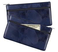 HAUTOCO Money Bag with Zipper 11 x 6.1 inch Embossed Deposit Money Pouch with Lined PU Leather Bank Bag Two Pockets Utility Wallet for Cash Check Receipt Coins Cosmetics, Royal Blue, 2 Pieces