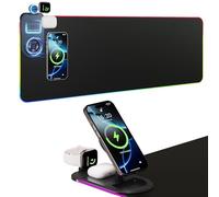 HAUTOCO Wireless Charging Mouse Pad 15W RGB Gaming Mouse Mat, Waterproof Desk Mat with Phone Holder, 900x300x4mm Extra Large Mousepad, Non-Slip Base LED Computer Keyboard Mat for PC Laptop, Black