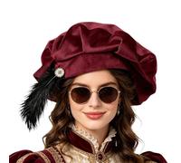 Hauwthg Tudor Hat, 24.4in Feathered Tudor Costume Accessories, Medieval Elizabethan Beret, for Cosplay Masquerade Ball Halloween