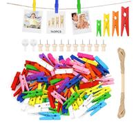 HavaCue 140Pcs Colorful Mini Pegs, 2.5/3/3.5/4.5cm Wooden Small Pegs for Hanging Photos with 10m Jute String, Photos Peg and String for DIY Photo Wall Display, Party/Wedding/Festival Decoration