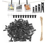 HavaCue 140Pcs Mini Pegs 2.5/3/3.5/4.5cm, Black Wooden Small Pegs for Hanging Photos with 10m Jute String, Pins for Wedding, Craft