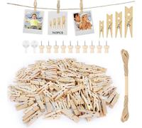 HavaCue 140PCS Mini Wooden Pegs, 2.5/3/3.5/4.5CM Small Pegs, Wedding Photo Mini Peg for Polaroid Photos With 10M Jute String DIY Small Wooden Peg for Wall Display Party (natural color)