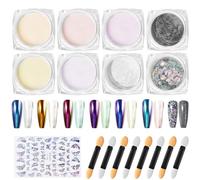 HavaCue 8 Colors Chrome Nail Powder, Shiny Glassy Pearl Effect, Nail Powder for Nail Design, Nail Glitter Powder, Cromepowder Nail Set with Eyeshadow Pencils,Butterfly Nail Art Stickers