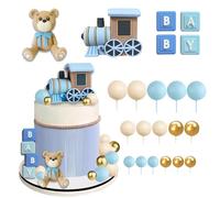 HAVAGDTM Bear Cake Toppers, 22pcs Set: 1 Bear, 16 Balls, 4 BABY Letters, 1 Train - Clay & Foam Decorations for Baby Shower, Birthday, Gender Reveal Parties