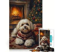 Havanese Dog in Christmas Sweater by Fireplace Jigsaw Puzzle for Adults 1000 Pieces Logic Fun Clear Hue Playful Challenge Santa Present (38x26cm)